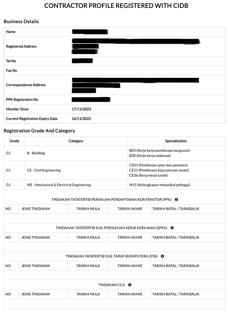 Contractor Profile Registered with CIDB